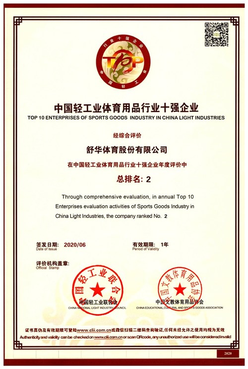 恭贺333体育代理的品牌-舒华荣获"中国轻工业体育用品行业十强企业"